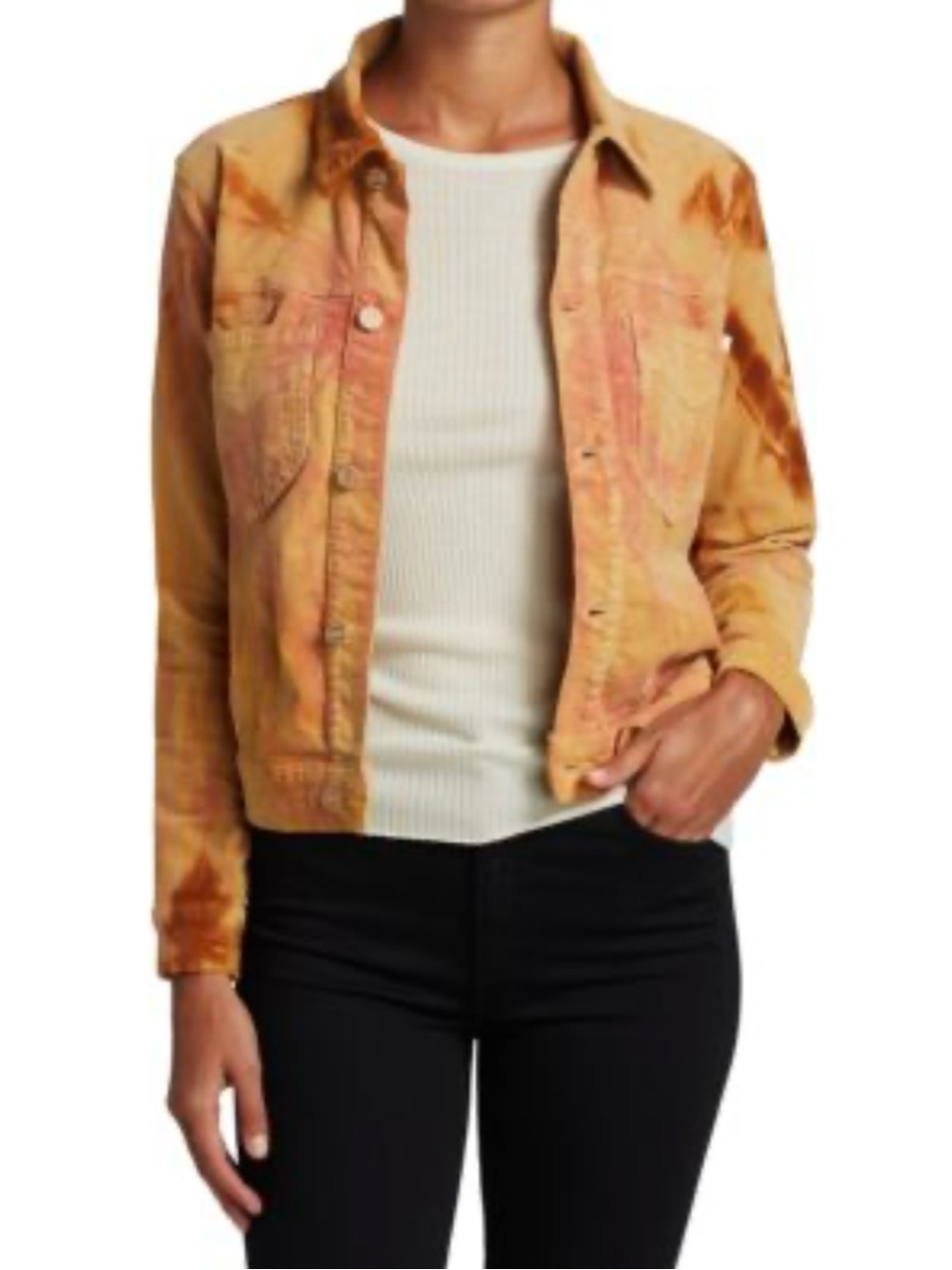 MOTHER The Bruiser Tie-Dye Shirt Jacket in a yellow and pink colorway XS